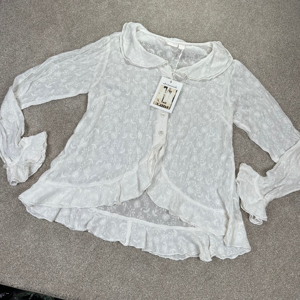 Whitewash Womens M Button Up Top White Floral Embroidered Ruffle Victorian Boho